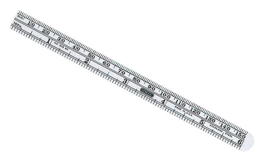 General Tools 6" Flexible Stainless Rule (mm, 16ths) - Model No. 305me ~ Readings in millimeters & 16ths ~ Graduations etched in the steel. Polished stainless steel finish. Precision made ~ 6" overall length x 3/4" wide ~ Made in USA ~ 038728320605