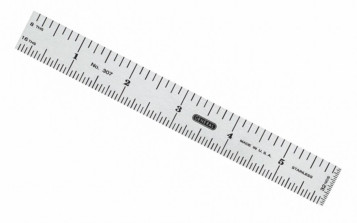General Tools 6" Flexible Stainless Steel Rule with End Grads (8ths, 16ths, 32nds) - Model No. 307 ~ The Readings are in 8ths, 16ths, & the End Read is in 32nds. Graduations etched in the steel ~ Made in USA ~ 038728320636