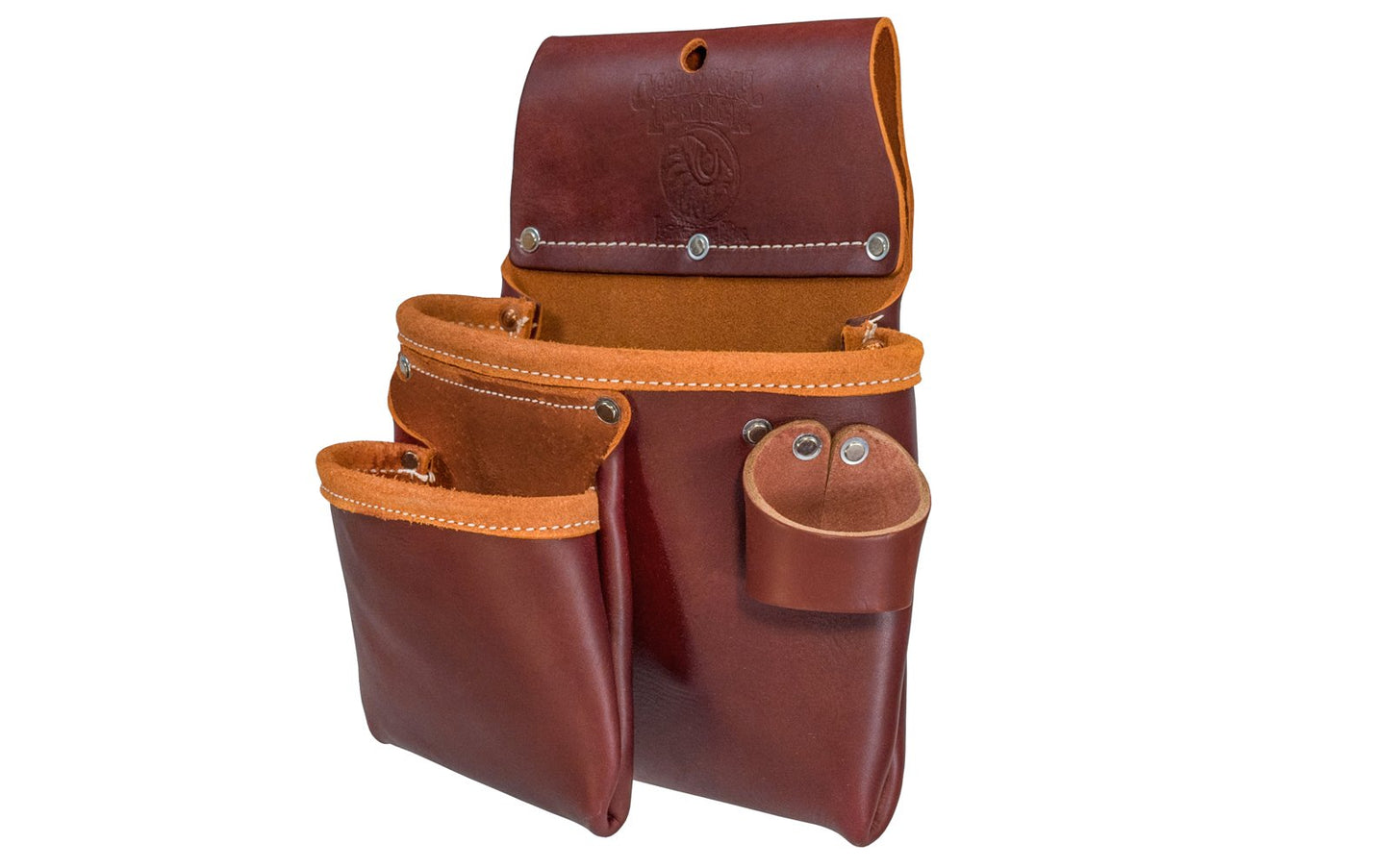 Occidental Leather 2-Pouch Utility Bag ~ 5017 - Made in USA ~ 2-pocket pouch bag - Double Pocket Bag - Made of Genuine Leather - Hand Made - Fits up to a 3" work belt - Holders for pencils, work knife, lumber crayon, chisel, torpedo level, hammer - Model No. 5017 - ProTool Bag