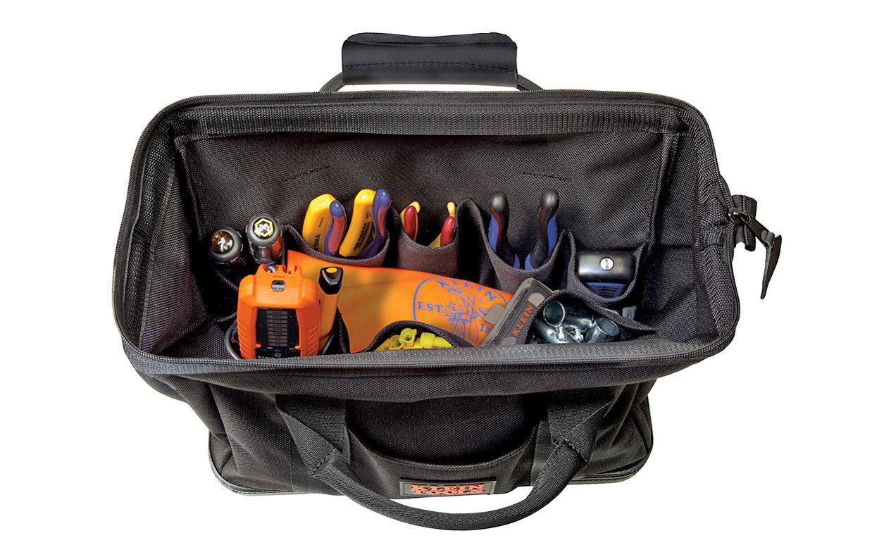 Klein Tools - Made in USA - Model 5200-15 - Made of Cordura fabric, a high-performance material resistant to abrasions, tears & scuffs - 8-interior & 2-exterior pockets hold a wide assortment of hand tools & supplies - Large opening with reinforced steel frame - Box-stitched handles and D-ring shoulder strap - 15" Size