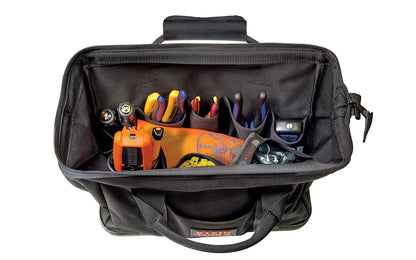 Klein Tools - Made in USA - Model 5200-15 - Made of Cordura fabric, a high-performance material resistant to abrasions, tears & scuffs - 8-interior & 2-exterior pockets hold a wide assortment of hand tools & supplies - Large opening with reinforced steel frame - Box-stitched handles and D-ring shoulder strap - 15" Size
