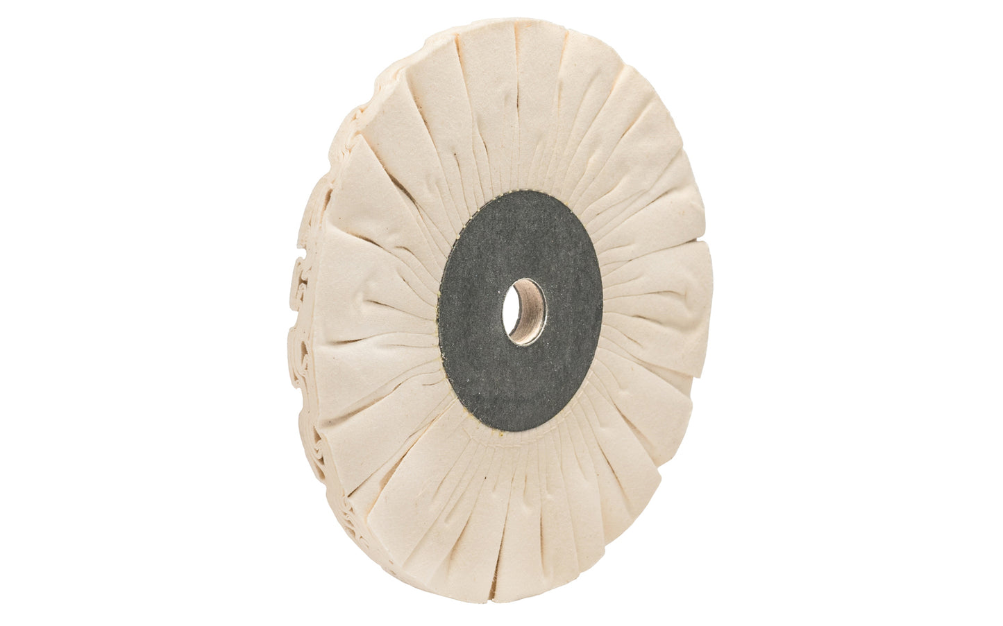 The 6" "Fray-Rite" Bias Cloth Buffing Wheel ~ 1/2" Thick has 5/8" hole diameter, 1/2" wide thickness and 6" diameter of wheel. Made in USA. Dico Polishing Company 528-164
