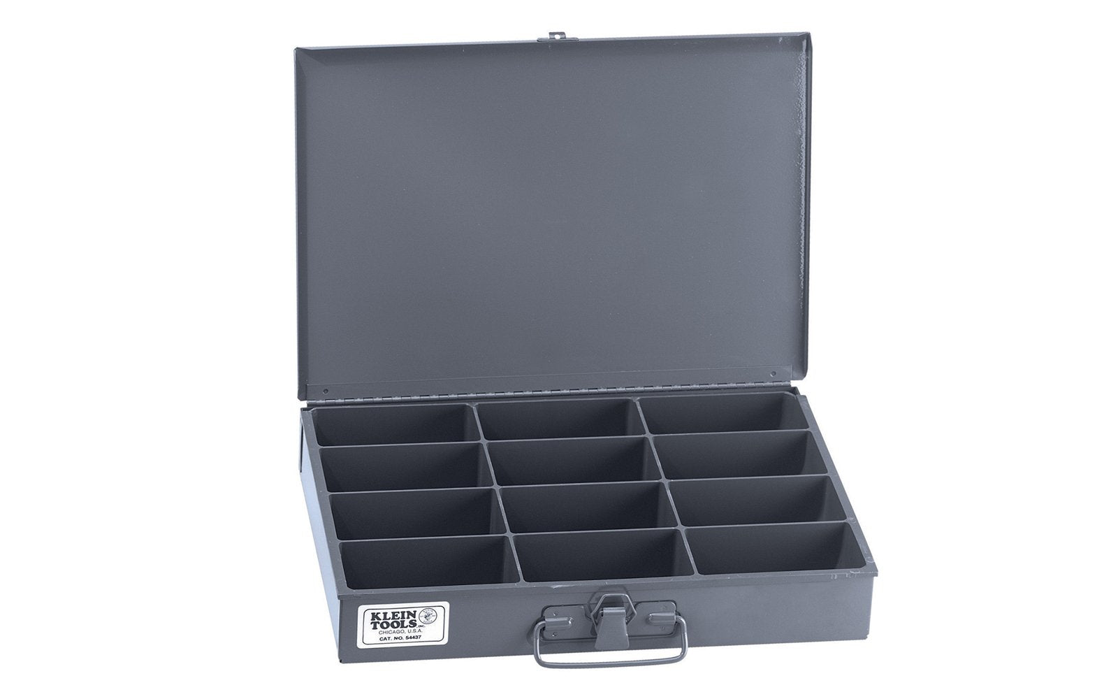 Klein Tools - Made in USA - Model 54437 - Outside box features strong metal, rigid, heavy-duty welded construction - Inside box compartments feature high-impact styrene construction - Compartment Sizes: 4-1/4" x 2-1/4" - Overall Size:  9-3/4" Deep x 13-1/2" Wide x 2" High - Box has a carrying handle - piano hinge  - 