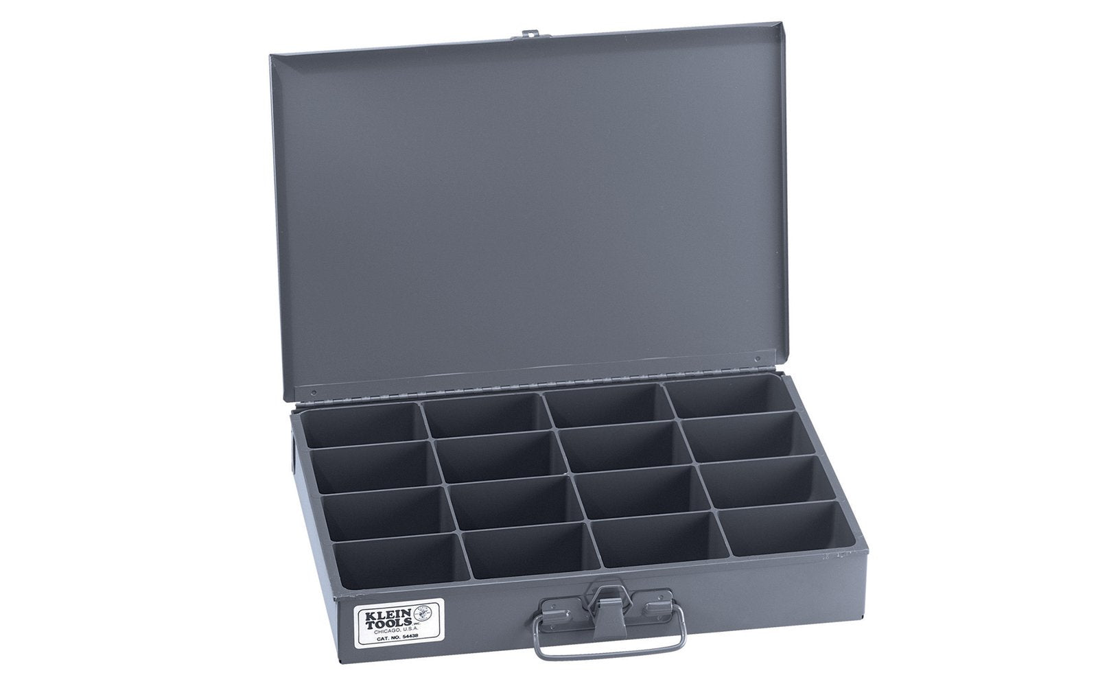 Klein Tools - Made in USA - Model 54438 - Outside box features strong metal, rigid, heavy-duty welded construction - Inside box compartments feature high-impact styrene construction - Compartment Sizes: 3-1/4" x 2-1/4" - Overall Size:  9-3/4" Deep x 13-1/2" Wide x 2" High - Box has a carrying handle - piano hinge 