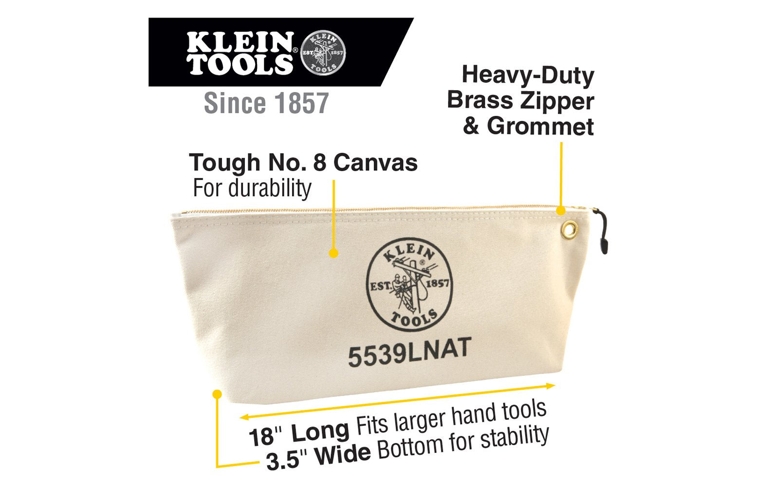 Klein Tools - Made in USA ~ Model 5539LNAT - Made of tough Canvas material - Klein Canvas Pouch - Large Klein Canvas Bag - Storage for pliers, wrenches, & other tools - Klein Canvas Zipper Bag - Made with tough No. 8 canvas for added durability - Heavy-duty zipper - 092644559266 - Long Klein Canvas Bag - Durable - 18"  x  8"  x  3-1/2" 