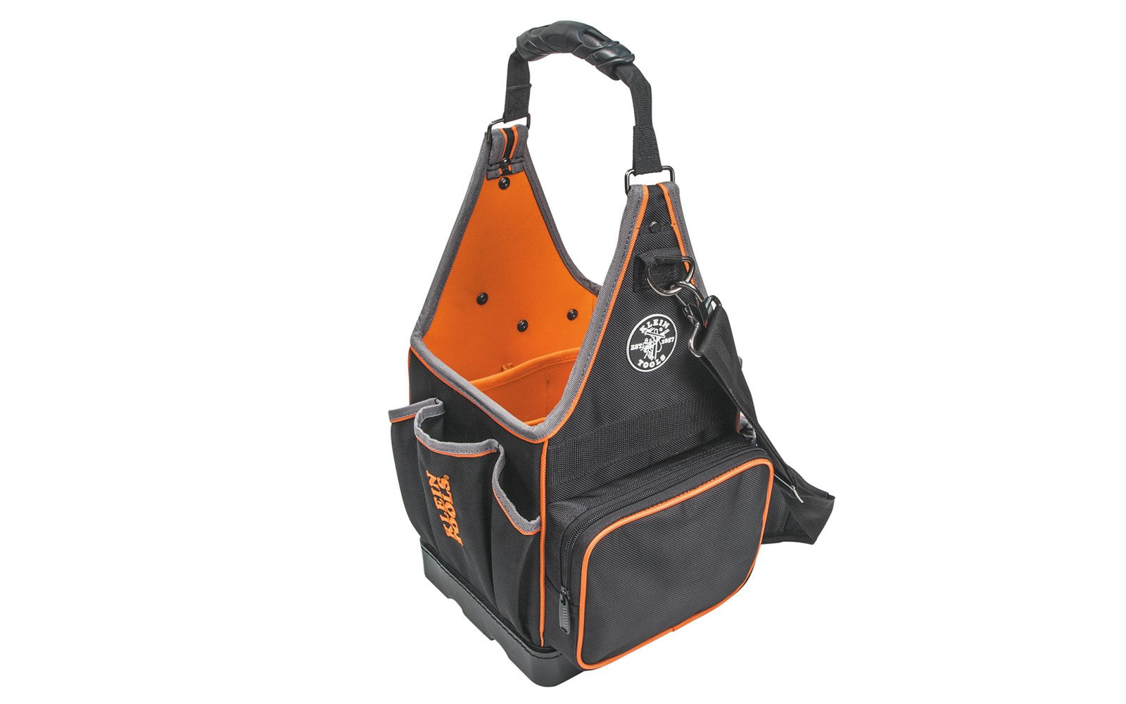 Klein Tools - Model 554158-14 - 20 pockets for greater tool storage - Large zipper pocket to secure small parts & tools - Fully molded bottom for stability & protects from the elements - Orange interior to find tools faster - 1680d ballistic weave for durability - Shoulder strap with extra padding & handles 