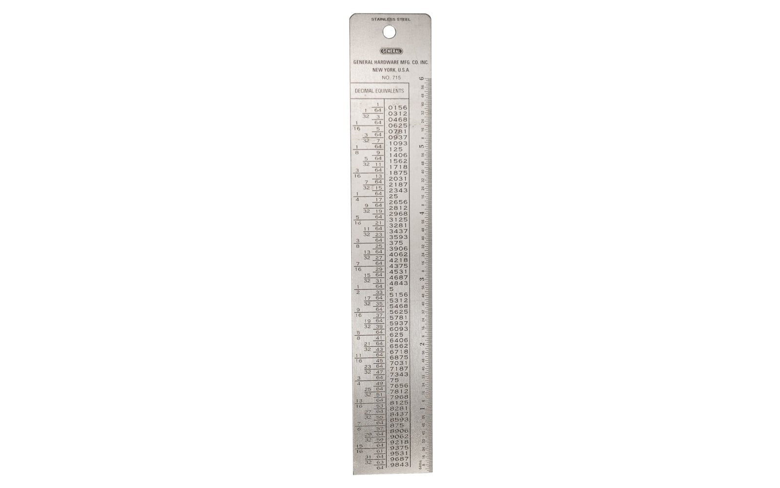 General Tools 6" Stainless Tap & Drill Reference - Model No. 715 ~ Double-sided guide features a Tap Drill Depth Chart, decimal conversions from 1/64" to 63/64" & a ruler graduated in 64ths - The Tap Drill Reference Table works with National Fine, National Course, American Standard Pipe and Metric threads 