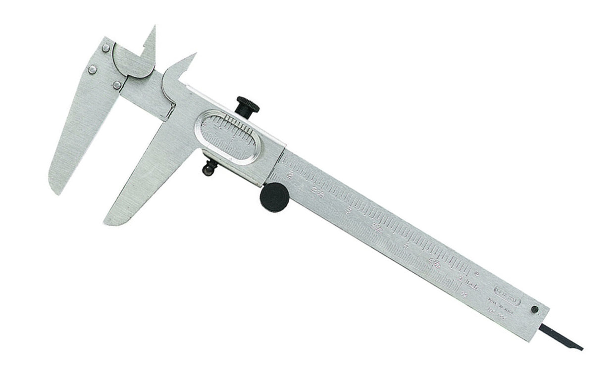 General Tools Vernier Caliper ~ Standard & Metric - 5" opening capacity  ~ Model 722 ~ Delivers quick & accurate inside & outside diameter measurements, depth & step measurements ~ Etched graduations in steel - Millimeters & 16ths ~ Graduations: Every mm & 16th of an inch (main scale); every 0.1mm & 128th of an inch (vernier scale) ~ 5" capacity (125 mm) ~ 038728722003