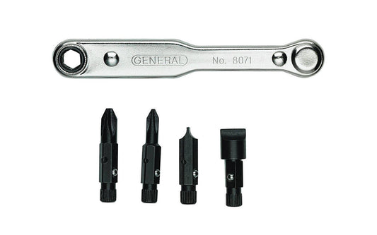 General Tools Ratcheting Screwdriver Set - 5 Piece Set - Model No. 8071 ~ #1  &  #2  Phillips - 1/4" &  3/8" slotted bits