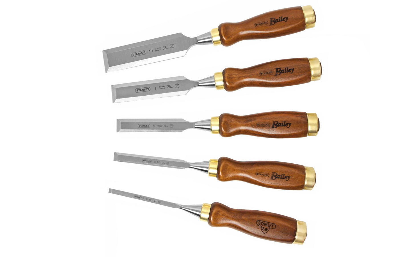 Stanley Bailey 5-Piece Wood Chisel Set with Leather Pouch ~ 1/4" - 1/2" - 3/4" - 1" - 1-1/4" - Model 16-401 ~ European Beech Wood Handles 