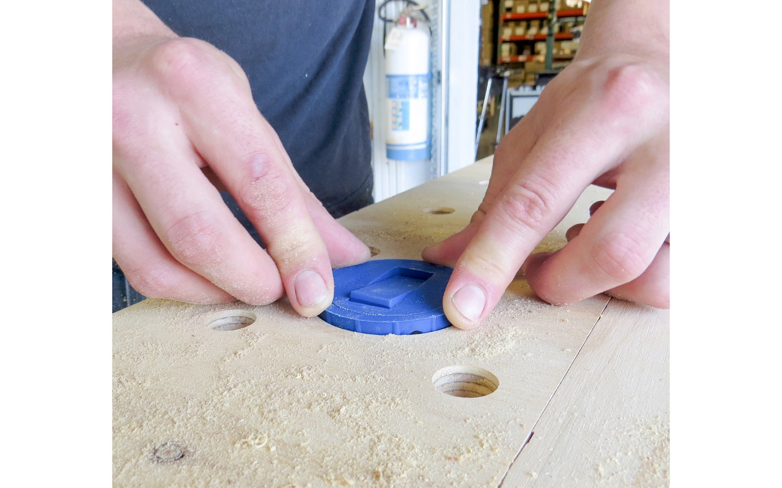 Gives great functionality to your workbench when dogs are needed - 2-1/2" diameter - Model BLUE DOG SINGLE - use a 2-1/2" hole saw to drill out a hole, sand the top edge, & press the Blue Dog down into the hole until flush - height adjustment for any material thickness & the turntable feature allows flexibility - 663807025005