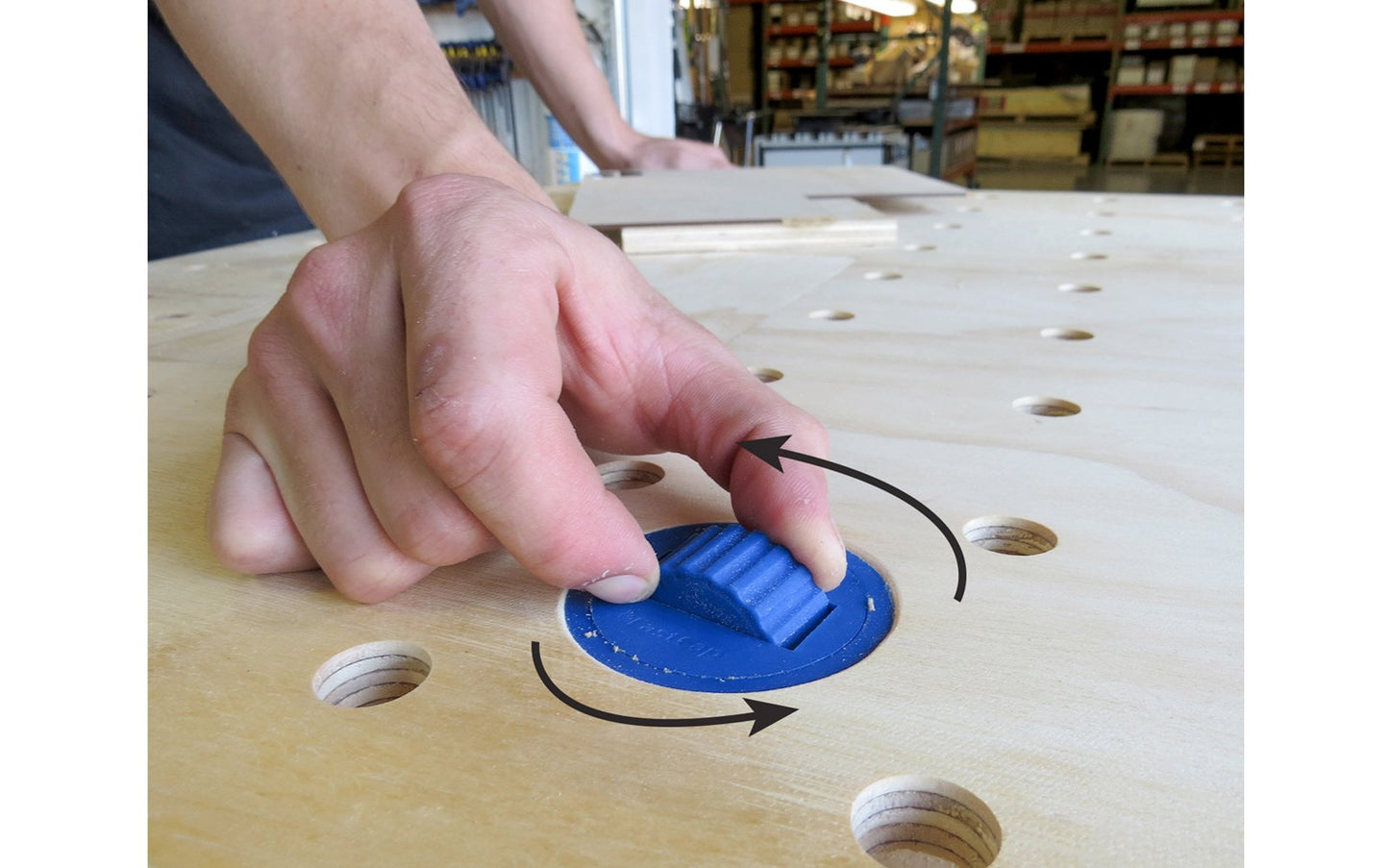 Gives great functionality to your workbench when dogs are needed - 2-1/2" diameter - Model BLUE DOG SINGLE - use a 2-1/2" hole saw to drill out a hole, sand the top edge, & press the Blue Dog down into the hole until flush - height adjustment for any material thickness & the turntable feature allows flexibility - 663807025005