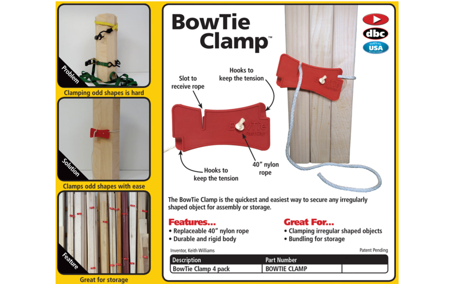 FastCap Bowtie Clamp ~ 4-Pack - Made in USA ~ Great for clamping irregular shaped objects ~ Good for bundling for storage ~ Replaceable 40" nylon rope