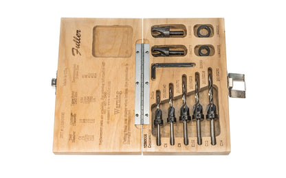 W.L. Fuller No. 8 Set - Model 10393008 - Combination countersink & quick change taper drill bit set with 1/2" & 3/8" plug cutters & stop collars. Set is designed for #6, #8, #10, #12, & #14 wood screws. Made of carbon steel & heat-treated. Four flute countersinks for clean & accurate boring. Hex Drill Bits. Made in USA