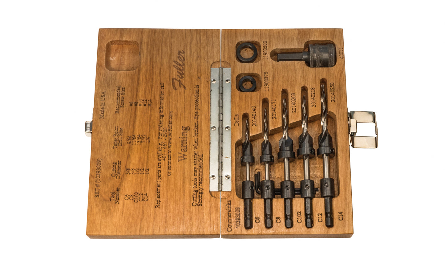 W.L. Fuller No. 9 Set - Model 10393009 - Combination countersink & quick change taper drill bit set with a quick change adapter & stop collars. Set is designed for #6, #8, #10, #12, & #14 wood screws. Made of carbon steel & heat-treated. Four flute countersinks for clean & accurate boring. Hex Drill Bits. Made in USA