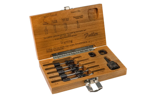 W.L. Fuller No. 9 Set - Model 10393009 - Combination countersink & quick change taper drill bit set with a quick change adapter & stop collars. Set is designed for #6, #8, #10, #12, & #14 wood screws. Made of carbon steel & heat-treated. Four flute countersinks for clean & accurate boring. Hex Drill Bits. Made in USA