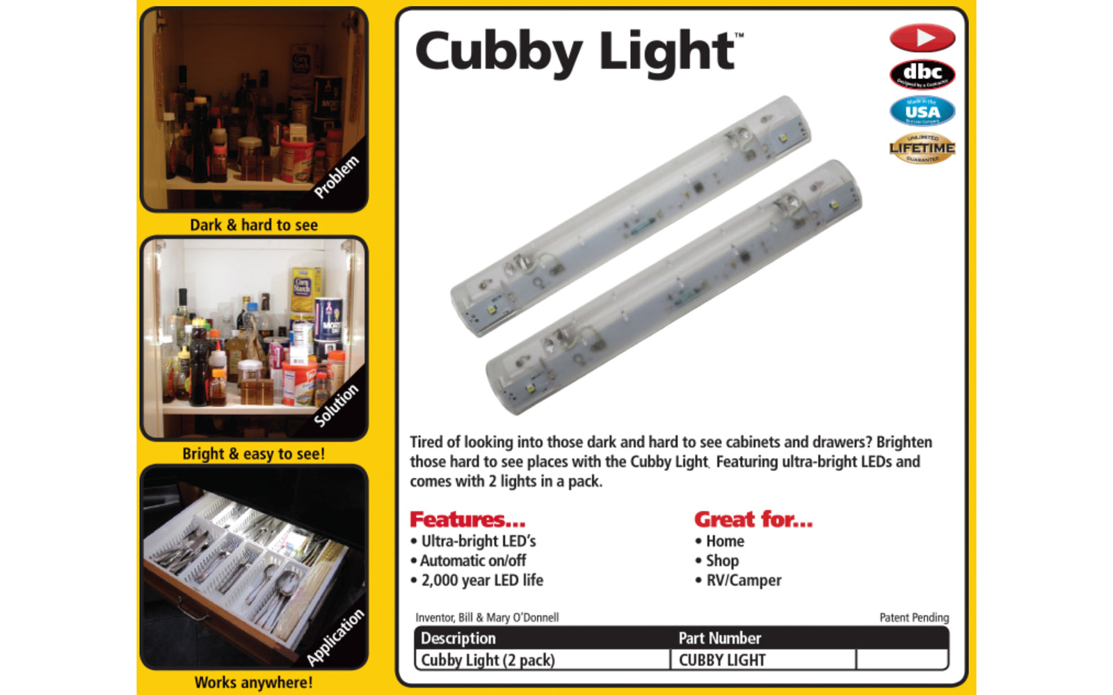 FastCap Cubby Light ~ 2-Pack LED Cabinet Light Set - Brightens cabinets, cupboards, drawers - Takes AAA batteries - Includes 6 batteries - Bright LED's - Compact design - 9" length - Made in USA - Model No. CUBBYLIGHT