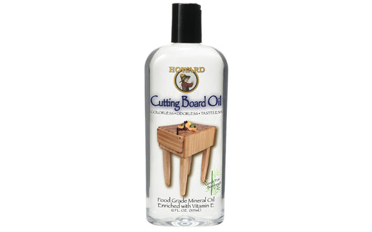 Howard Cutting Board Oil ~ 12 oz - Cutting Board Oil is a deep penetrating 100% Pure USP Food Grade Mineral Oil that is tasteless, odorless, colorless, & will never go rancid - Food grade mineral oil enriched with Vitamin E - Rejuvenates dry wood, including cutting boards, butcher blocks, countertops, wooden bowls & utensils - Made in USA - Model No. BBB012
