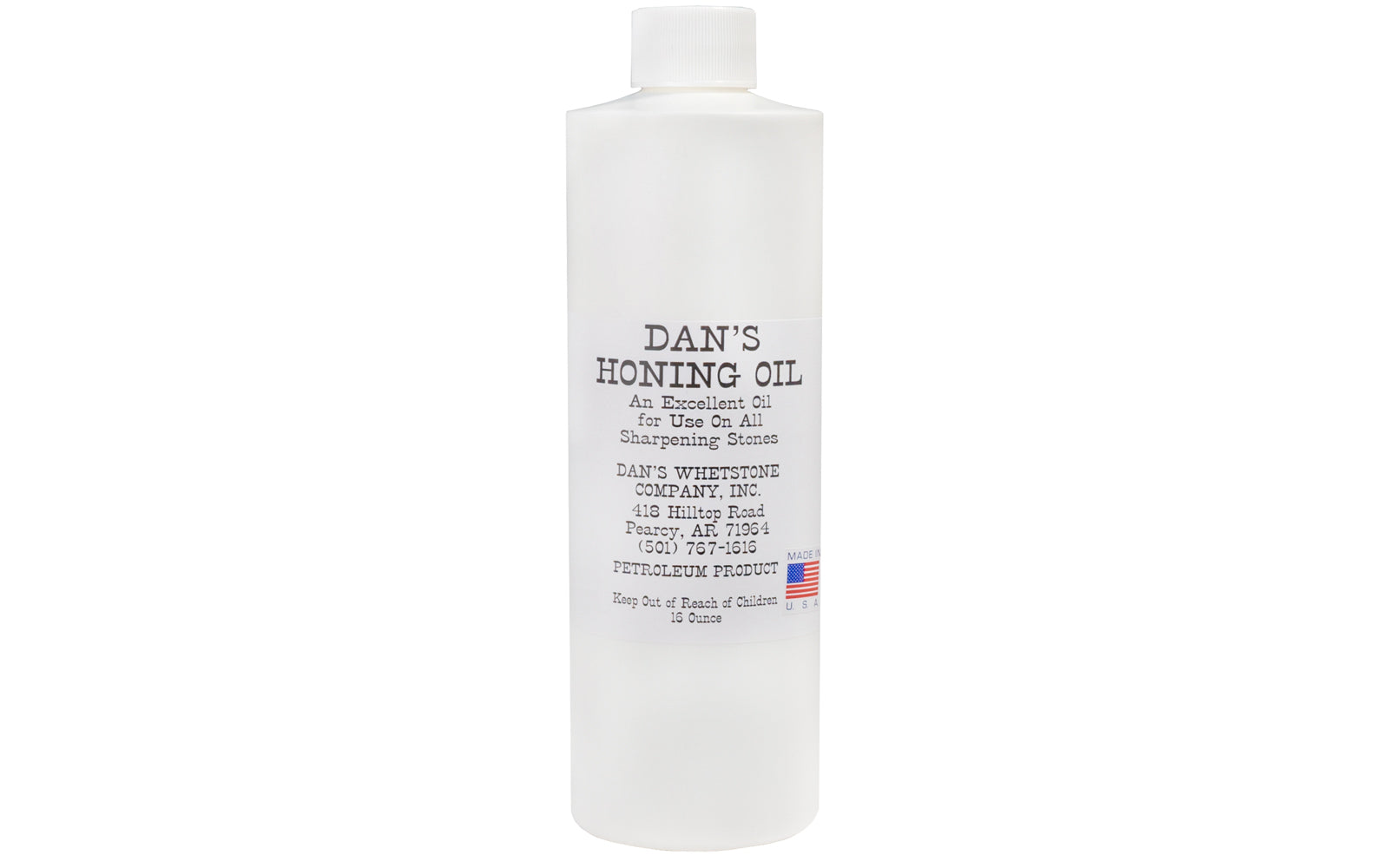 'Dan's Honing Oil ~ 16 oz' helps preserve your stones & prevents your stone from clogging from metal shavings. 16 oz bottle size. Made in USA.
