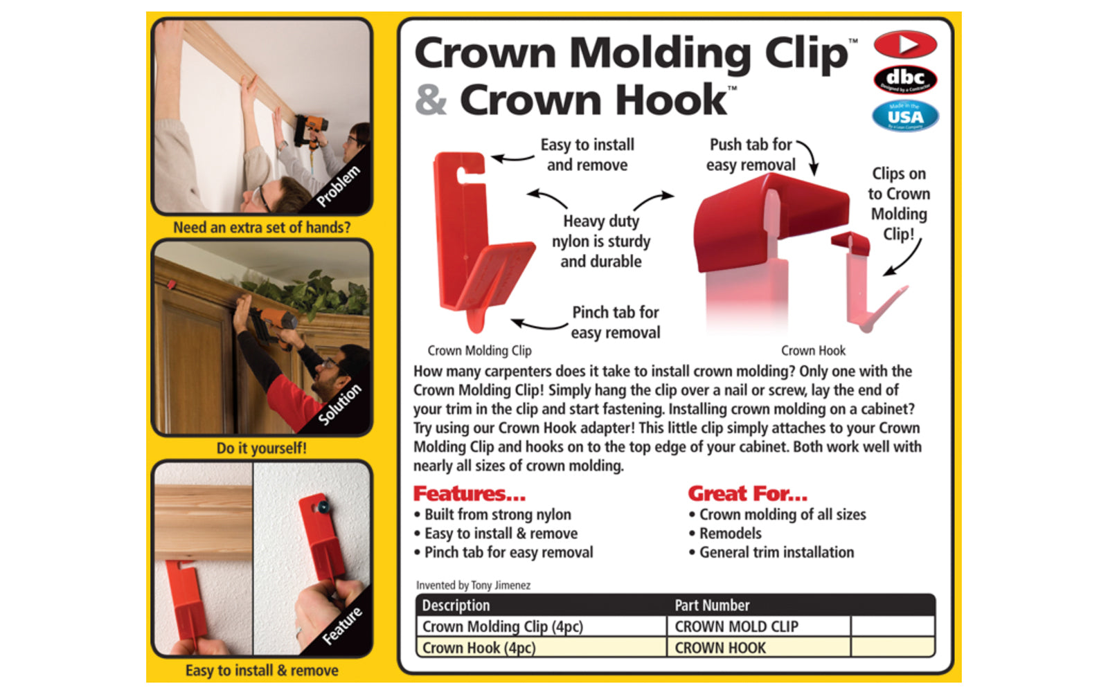 FastCap Crown Molding Hook - 4 Pack - Model No. CROWN HOOK ~ allows you to install crown molding easily to the tops of cabinets & other "off the wall" structures