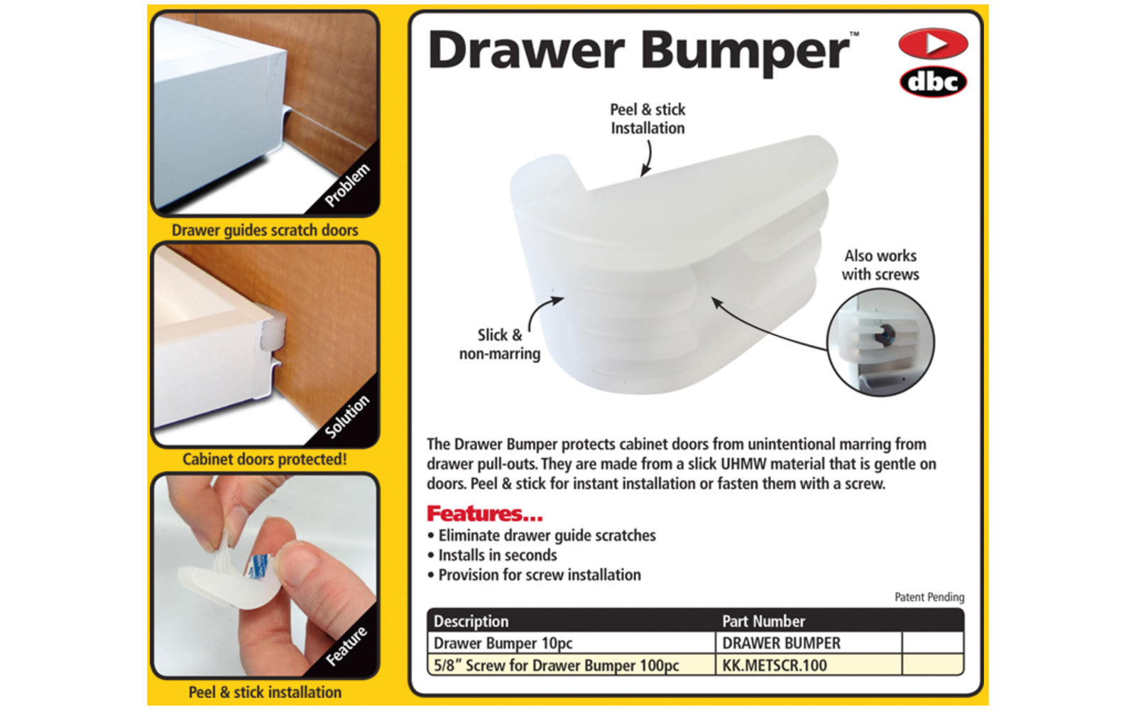 FastCap Drawer Bumper ~ 10 Pieces - Cabinet door protector - Eliminates drawer guide scratches