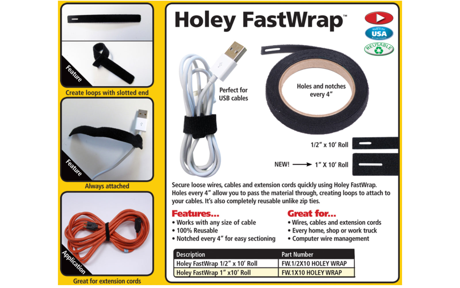 FastCap Holey Fastwrap - Velcro Wrap - 1/2" x 10' ~ 1" x 10' ~ Excellent for wires, cables, USB & extension cables - Home & workshop
