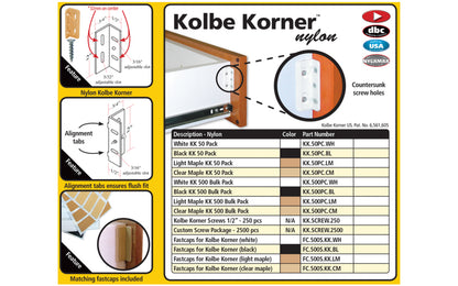 Fastcap Nylon Kolbe Korner, White - 50 Pack - Mounting bracket for shaker style drawer fronts. It allows for the drawer face to be mounted to the box easily - Model No. KK.50PC.WH