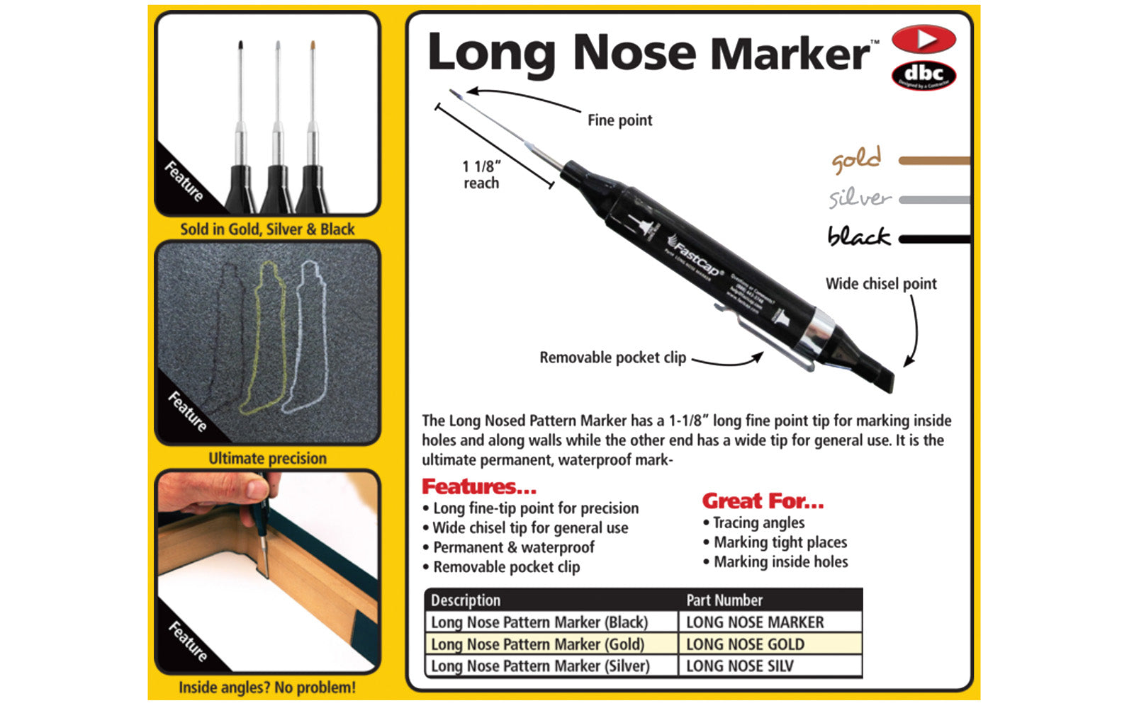 FastCap Long Nose Marker ~ Silver Color ~ 1-1/8" long fine point tip for marking