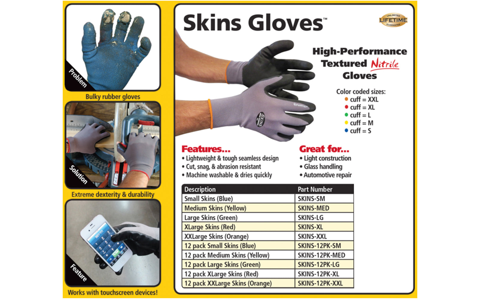 FastCap Skins Work Gloves - Nitrile Coated Palms - Model No. SKINS ~ These gloves have great dexterity & durability. Will work on most touchscreens - Great for light construction, handling wood lumber & melamine, mill work, glass handling, metal parts, automotive repair & parts assembly, & more