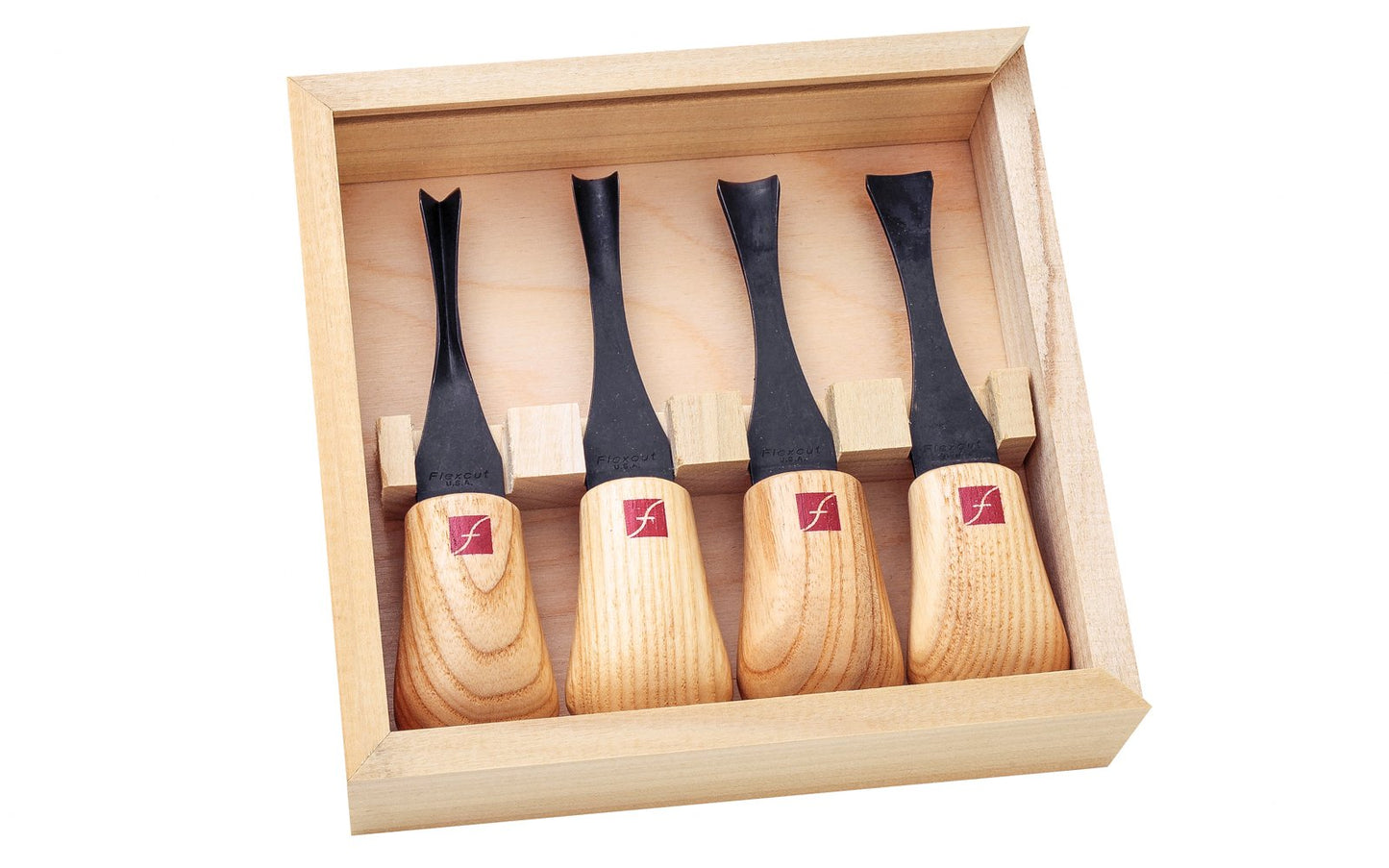 Flexcut Wide Palm Carving Set ~ FR404 - 4-piece set - Includes Sweep #3 x 5/8" (16 mm), Sweep #5 x 9/16" (14 mm), Gouge #8 x 3/8" (10 mm), Parting V-Tool 70° x 3/8" (9mm) - High Carbon Steel blades - Ash wood handles - Palm Carving Tool Set - Made in USA ~ 651646004046