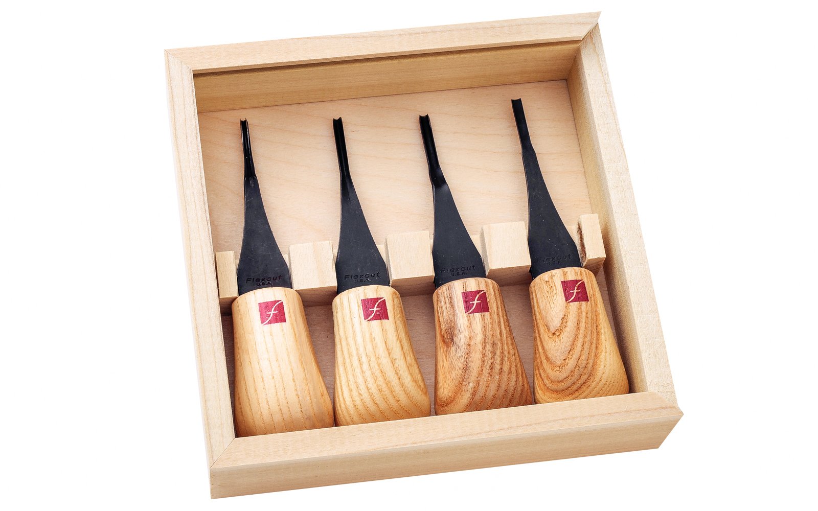 Flexcut Mini Palm Carving Set ~ FR604 - 4-piece set - Includes Sweep #3 x 1/8" (3 mm), Sweep #5 x 1/8" (3 mm), Gouge #11 x 1/16" (2 mm), Parting V-Tool 70° x 1/8" (2mm) - High Carbon Steel blades - Ash wood handles - Palm Carving Tool Set - Made in USA - For miniature carving ~ 651646006040