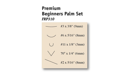 Flexcut Premium Beginners Palm Carving Set ~ FRP310 - 5-piece set - Includes Sweep #3 x 3/8" (9 mm), Sweep #6 x 5/16" (8 mm), Gouge #11 x 1/8" (3 mm), Parting V-Tool 70° x 1/4" (6mm), Skew #2 x 5/16" (8mm) - High Carbon Steel blades - Cherry wood handles & polished brass ferrules - Palm Carving Tool Set - Made in USA