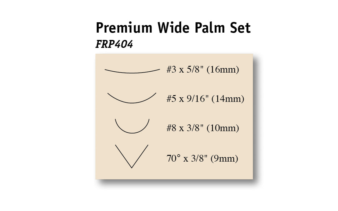 Flexcut Premium Wide Palm Carving Set ~ FRP404 - 4-piece set - Includes Sweep #3 x 5/8" (16 mm), Sweep #5 x 9/16" (14 mm), Gouge #8 x 3/8" (10 mm), Parting V-Tool 70° x 3/8" (9mm) - High Carbon Steel blades - Cherry wood handles & polished brass ferrules - Palm Carving Tool Set - Made in USA