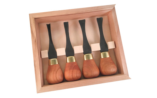 Flexcut Premium Wide Palm Carving Set ~ FRP404 - 4-piece set - Includes Sweep #3 x 5/8" (16 mm), Sweep #5 x 9/16" (14 mm), Gouge #8 x 3/8" (10 mm), Parting V-Tool 70° x 3/8" (9mm) - High Carbon Steel blades - Cherry wood handles & polished brass ferrules - Palm Carving Tool Set - Made in USA ~ 651646014045