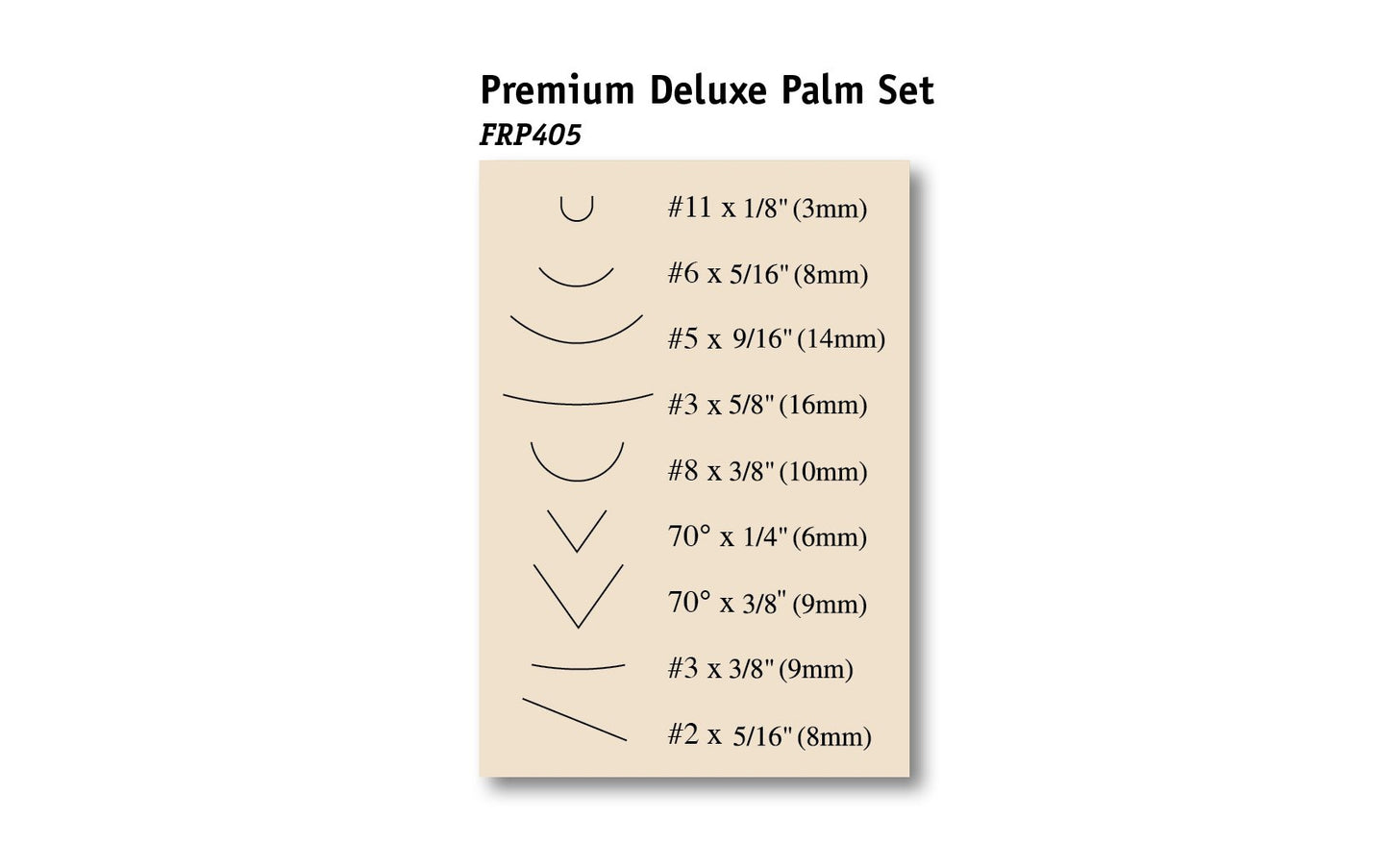 Flexcut Premium Deluxe Palm Carving Set ~ FRP405 - 9-piece set - #2 x 5/16” (8mm), #3 x 3/8” (9mm), #3 x 5/8” (16mm), #5 x 9/16” (14mm), #6 x 5/16” (8mm), #8 x 3/8” (10mm), #11 x 1/8”  - High Carbon Steel blades - Cherry wood handles & polished brass ferrules - Palm Carving Tool Set - Made in USA