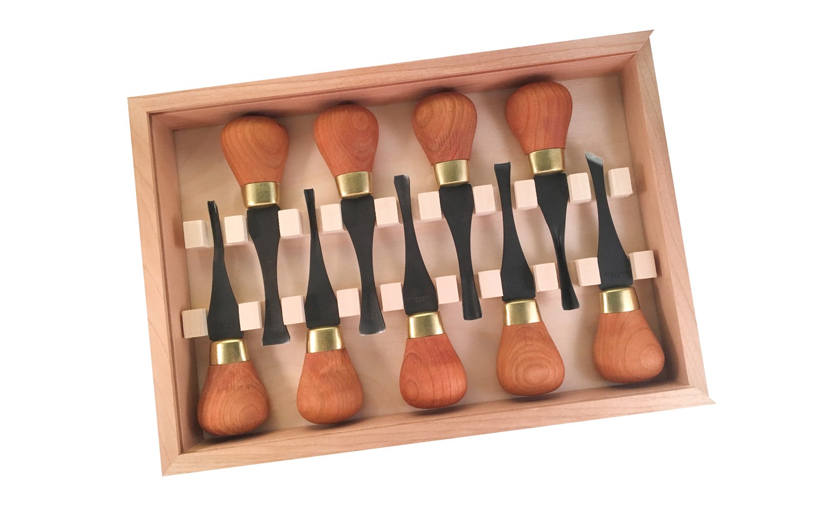Flexcut Premium Deluxe Palm Carving Set ~ FRP405 - 9-piece set - #2 x 5/16” (8mm), #3 x 3/8” (9mm), #3 x 5/8” (16mm), #5 x 9/16” (14mm), #6 x 5/16” (8mm), #8 x 3/8” (10mm), #11 x 1/8”  - High Carbon Steel blades - Cherry wood handles & polished brass ferrules - Palm Carving Tool Set - Made in USA ~ 651646014052
