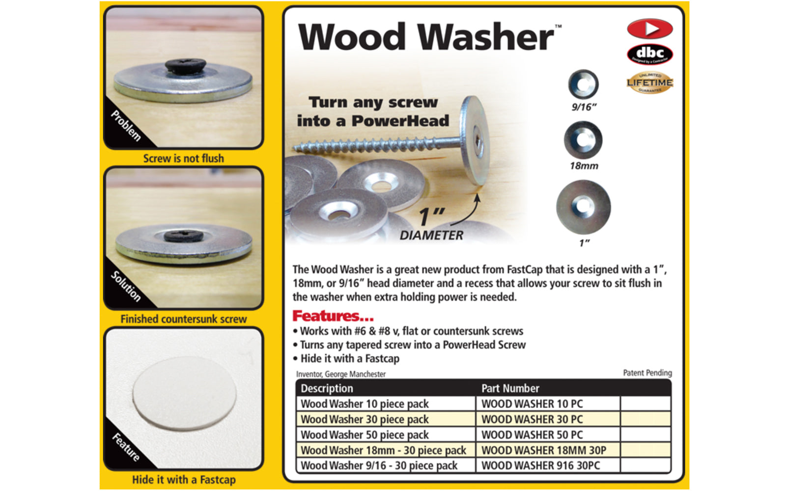 FastCap Wood Washer 9/16" Diameter - 30 Pack ~ Countersunk Washers - Model No. WOOD WASHER 916 30PC