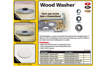 FastCap Wood Washer 18mm Diameter - 30 Pack ~ Countersunk Washers - Model No. WOOD WASHER 18MM 30PC