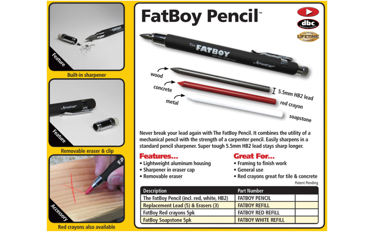 FastCap Professional Carpenter / Mechanical FatBoy Pencil - Combines the utility of a mechanical pencil with the strength of a carpenter pencil - Lead for wood - Soapstone for metal - Red crayon for concrete