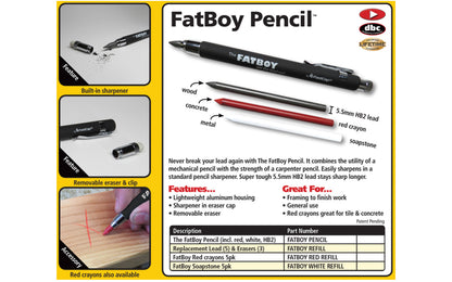 FastCap Professional Carpenter / Mechanical FatBoy Pencil - Combines the utility of a mechanical pencil with the strength of a carpenter pencil - Lead for wood - Soapstone for metal - Red crayon for concrete