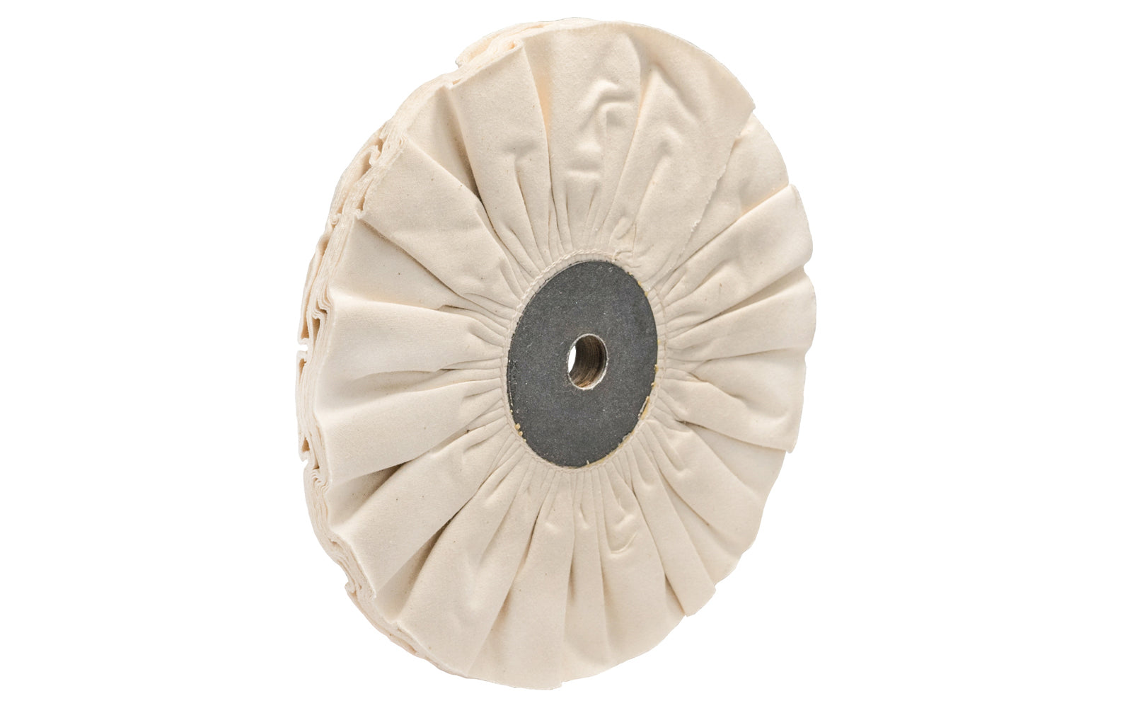The 8" "Fray-Rite" Bias Cloth Buffing Wheel ~ 1/2" Thick has 5/8" hole diameter.  8" diameter of wheel. 1/2" wide thickness. Dico 528-166. Made in USA.