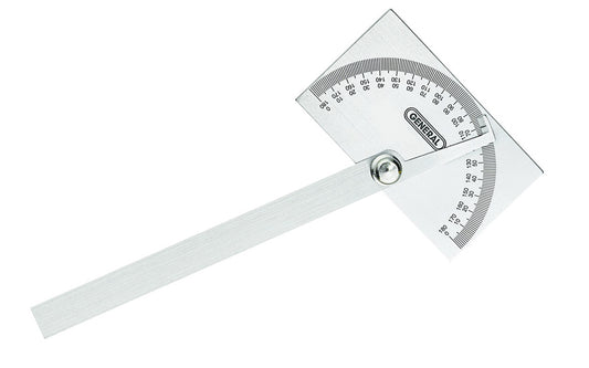 General Tools Model No. 17 ~ Easily mark, measure & transfer angles for woodworking, machining, & other measuring applications ~ Stainless steel ~ 6" protractor arm with knurled locking nut ~ 3-3/8" x 2" size head ~ Etched graduations ~ Square head ~ 038728220189