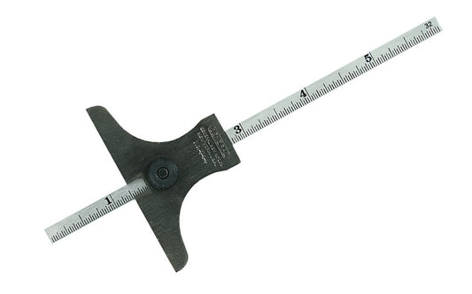 General Tools Depth & Angle Gauge - Model No. 444 ~ Stainless steel rule & hardened steel base ~ Etched graduations in 32nds & 64ths ~ Etched in angles of 30°, 45° & 60° on reverse side of base ~ 038728315861