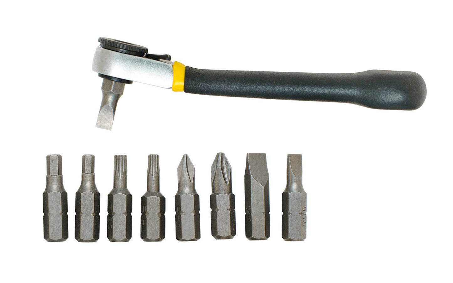 9-Piece Ratcheting Offset Screwdriver Set - Model No. 80075 ~ Ratcheting Offset Screwdriver Set is ideal for use where screws are concealed or obstructed, leverage is required, or turning space is limited ~ Square Drive bits ~ Square Drive sockets ~ Torx Drive Bits ~ Extension handle ~ Square Drive adapter ~ Screwdriver blades ~ Hardened, tempered alloy steel ~ General Tools 038728800756