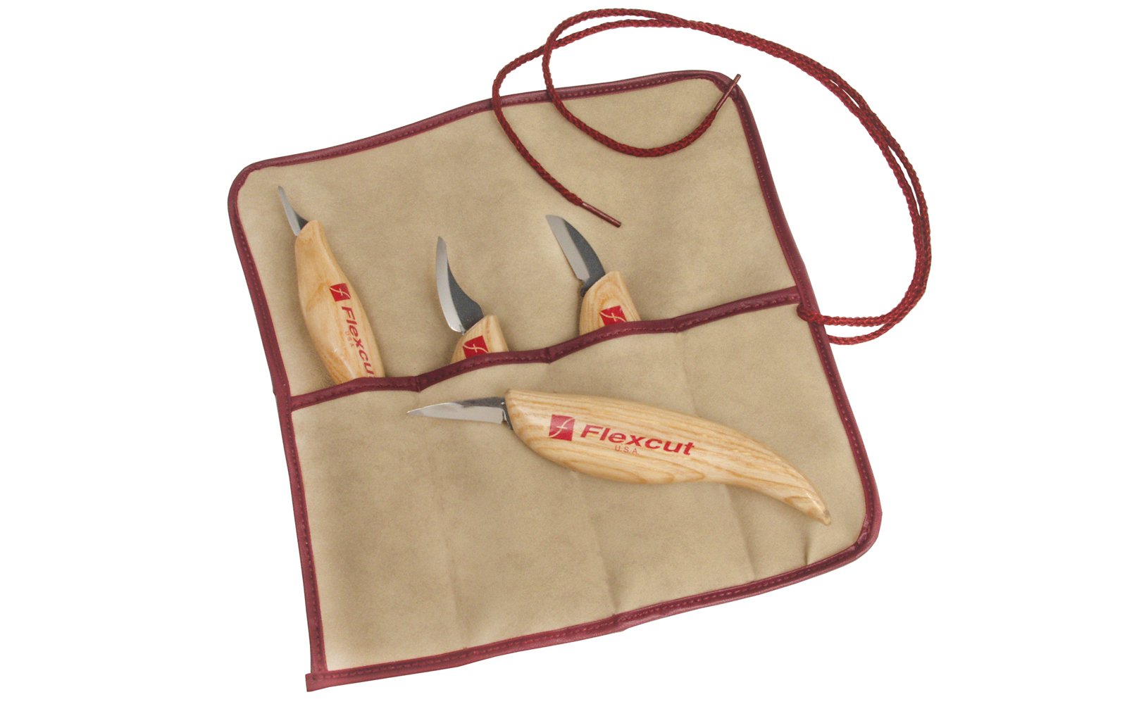 Flexcut 4-Knife Starter Carving Set ~ Flexcut's KN12 Cutting Knife,  KN13 Detail Knife,  KN18 Pelican Knife, & KN19 Mini-Pelican Knife are included in this set ~ High Carbon Spring Steel blades - Tempered to HRC 59-61 - Made in USA - Flexcut Four Piece Set ~ Flexcut 4-piece set - Includes Tool Roll ~ Flexcut Knife Set and Tool Roll - KN100