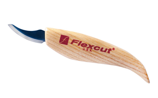 Flexcut Pelican Carving Knife ~ KN18 - Made in USA ~ 1-5/8" (41 mm) bevel blade length - High Carbon Spring Steel blade - Tempered to HRC 59-61 ~ Curved blade that offers a clean slicing action similar to a skew. The point is narrowed for a tight turning radius while still being durable. It cuts very well in hollow areas ~ 651646500180