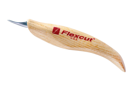 Flexcut Mini Pelican Carving Knife ~ KN19 - Made in USA ~ 7/8" (22 mm) bevel blade length - High Carbon Spring Steel blade - Tempered to HRC 59-61 ~ Curved, ultra-thin blade that offers a clean slicing action similar to a skew - The point is narrowed for a tight turning radius ~ 651646500197