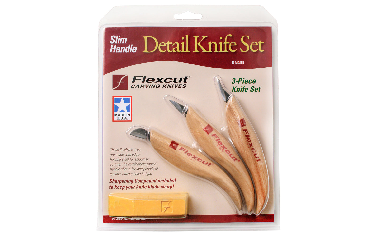 Flexcut Detail Knife Carving Kit ~ KN400 - Made in USA ~ KN19 Mini Pelican Knife, KN27 Mini-Detail Knife, & KN20 Mini-Chip Carving Knife - Detail Knife Kit - Three piece set ~ 3-knife kit ~ Flexcut Fine Detail Knife Set