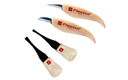 Flexcut Beginner Palm & Knife Carving Set ~ KN600 - Set includes KN12 & KN13 Flexcut knives - FR306 Sweep Palm Tool #6 x 5/16" (8mm) & FR307 70 deg. x 1/4" (6mm) Parting Tool ~ High Carbon Spring Steel blades - Tempered to HRC 59-61 - Made in USA - Flexcut Four Piece Set ~ Flexcut 4-piece set - Beginner Set ~ 651646506007