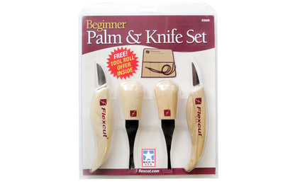 Flexcut Beginner Palm & Knife Carving Set ~ KN600 - Set includes KN12 & KN13 Flexcut knives - FR306 Sweep Palm Tool #6 x 5/16" (8mm) & FR307 70 deg. x 1/4" (6mm) Parting Tool ~ High Carbon Spring Steel blades - Tempered to HRC 59-61 - Made in USA - Flexcut Four Piece Set ~ Flexcut 4-piece set - Beginner Set
